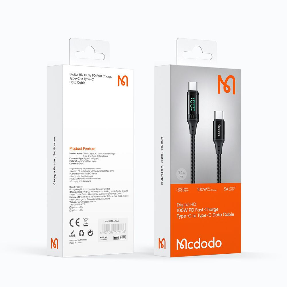 Cablu Date si Incarcare USB-C - USB-C McDodo CA-1100 Display, 100W, 1.2m, Negru