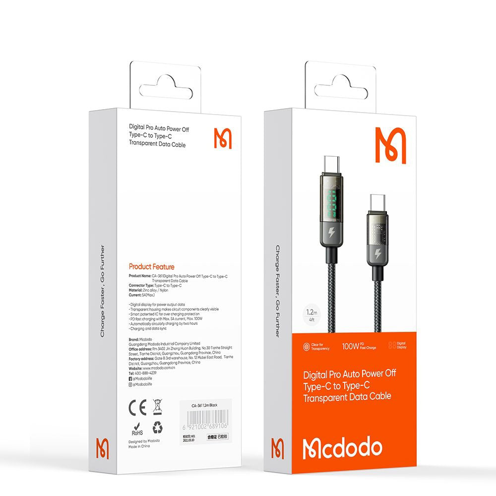 Cablu Date si Incarcare USB-C - USB-C McDodo CA-3610 Display Auto Power Off, 100W, 1.2m, Negru
