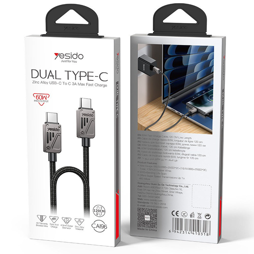 Cablu Date si Incarcare USB-C - USB-C Yesido CA196, 60W, 1.2m, Negru
