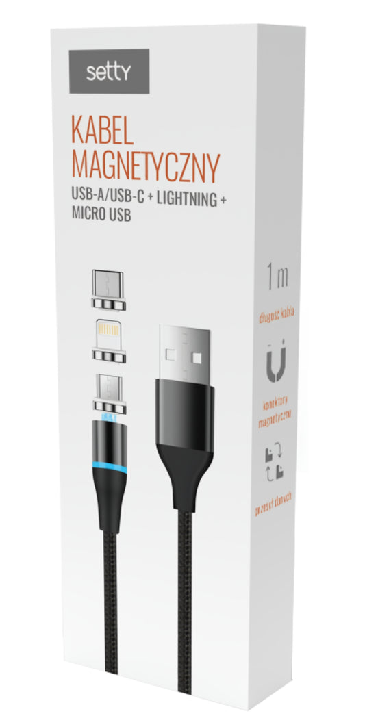 Cablu Incarcare USB-A - Lightning / microUSB / USB-C Setty Magnetic DT 3in1, 12.5W, 1m, Negru