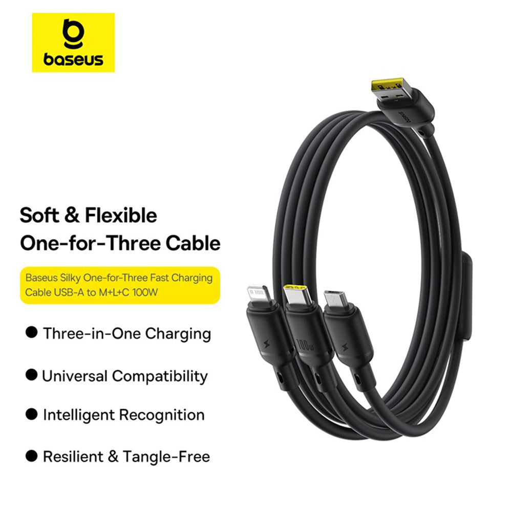 Cablu Incarcare USB-A - Lightning / microUSB / USB-C Baseus Silky 3in1, 100W, 1.5m, Negru P10377705123-00