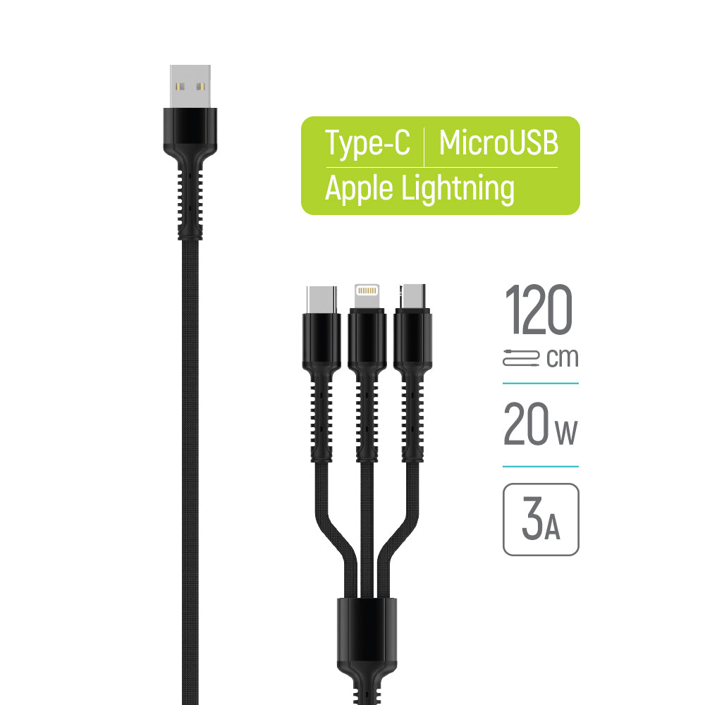 Cablu Incarcare USB-A - Lightning / microUSB / USB-C ColorWay CW-CBU3003, 20W, 1.2m, Gri