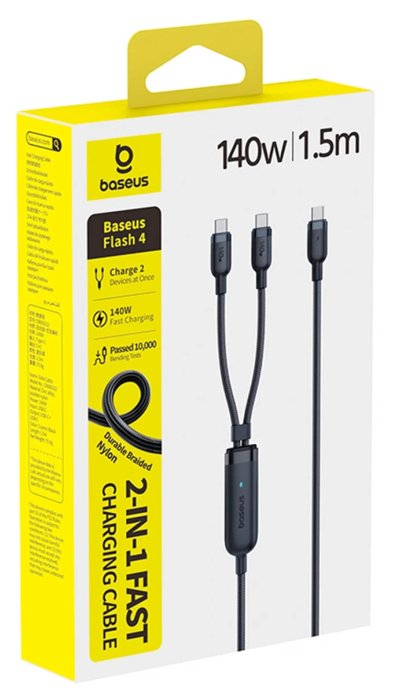 Cablu Incarcare USB-C - 2 x USB-C Baseus Flash 4 2in1, 140W, 1.5m, Negru E0426X00