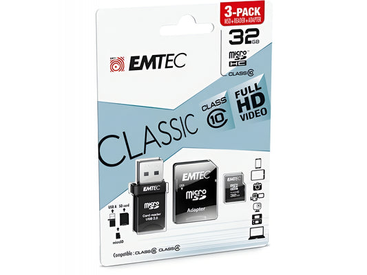 Card Memorie microSDHC Emtec C10 Classic, 32Gb, Clasa 10, Cu Cititor Card si Adaptor ECMSDM32GHC10CGRA2