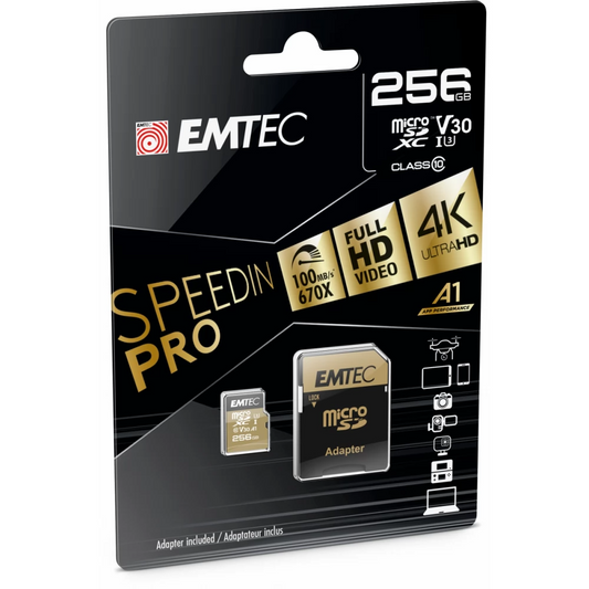 Card Memorie microSDXC Emtec Speedin Pro Android A1, 256Gb, Clasa 10 / UHS-1 U3, Cu Adaptor ECMSDM256GXC10SP