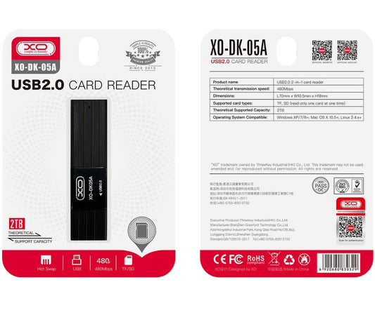 Cititor Card USB XO Design DK05A, SD - microSD, Negru