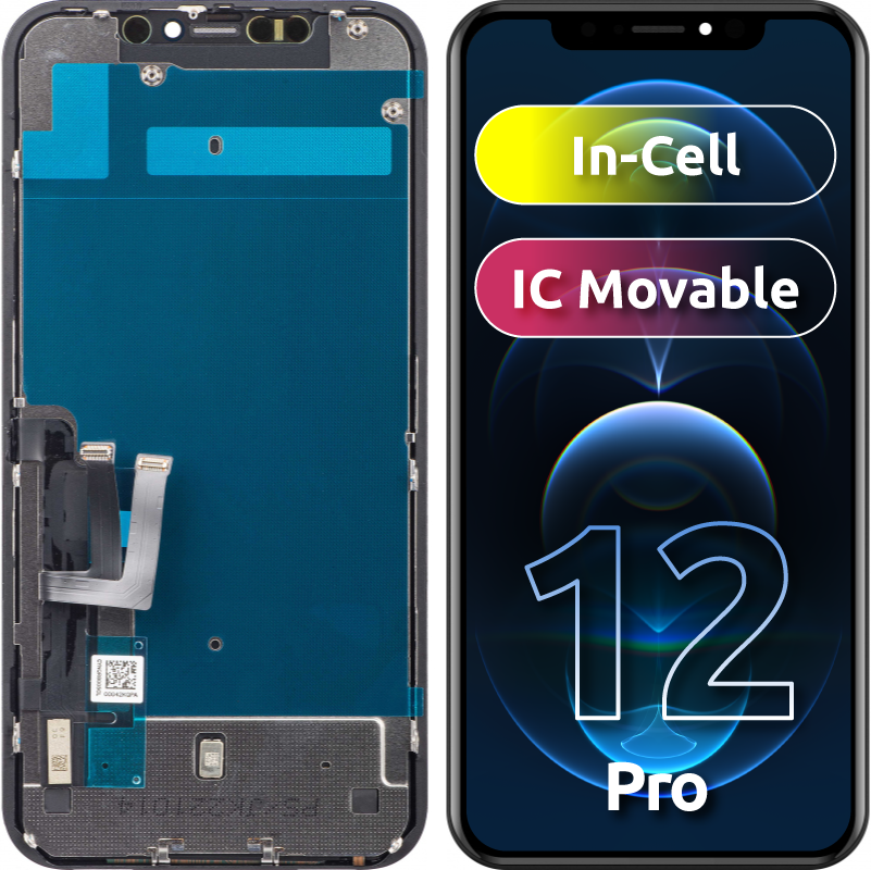 Display cu Touchscreen JK pentru Apple iPhone 12 / 12 Pro, cu Rama, Versiune LCD In-Cell IC Movable, Negru