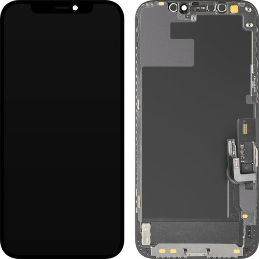 Display cu Touchscreen MP compatibil cu Apple iPhone 12 / 12 Pro, cu Rama, Versiune Soft OLED IC Movable FHD, Negru