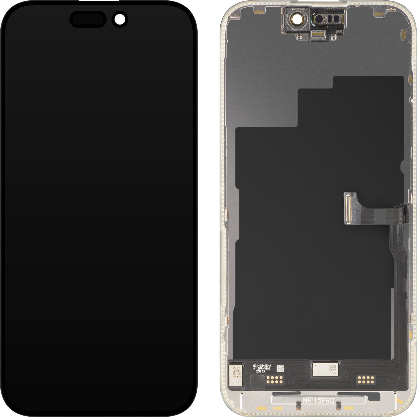 Display cu Touchscreen MP compatibil cu Apple iPhone 15 Pro, cu Rama, Versiune Premium Soft OLED FHD 120Hz Diagnostic, Negru
