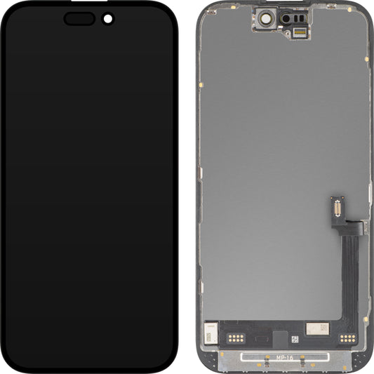Display cu Touchscreen MP compatibil cu Apple iPhone 16, cu Rama, Versiune Premium Soft OLED FHD 120Hz Diagnostic, Negru