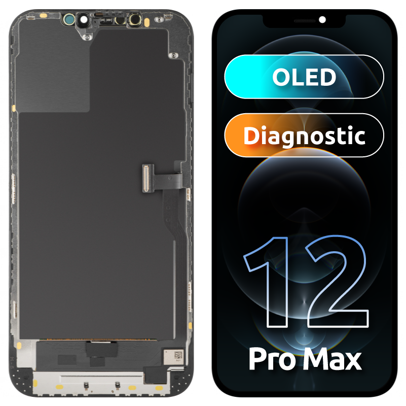 Display cu Touchscreen MP compatibil cu Apple iPhone 12 Pro Max, cu Rama, Versiune OLED Diagnostic, Negru