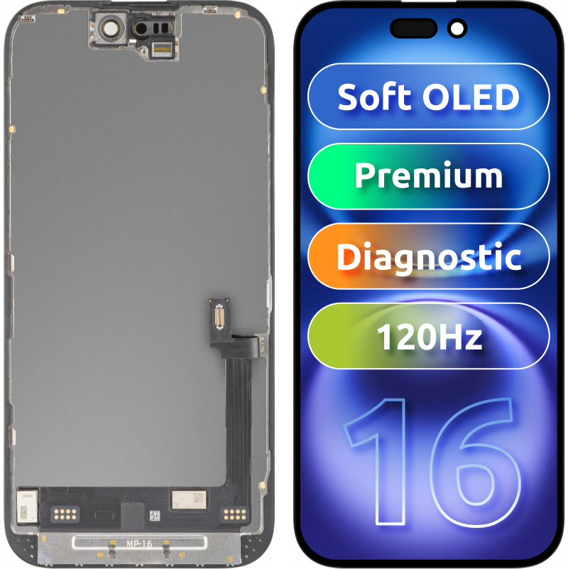 Display cu Touchscreen MP compatibil cu Apple iPhone 16, cu Rama, Versiune Premium Soft OLED FHD 120Hz Diagnostic, Negru