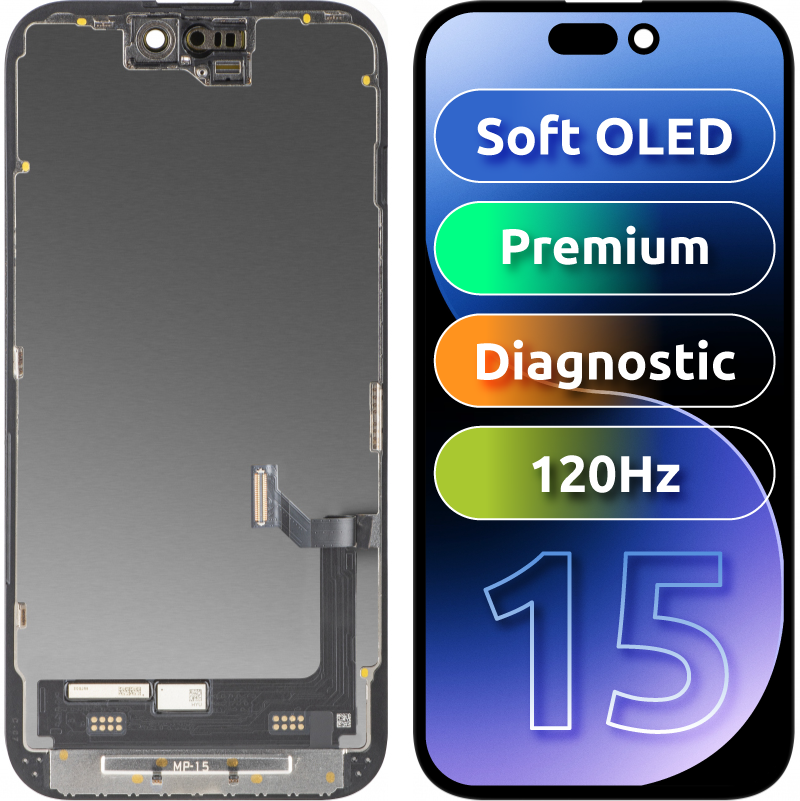Display cu Touchscreen MP compatibil cu Apple iPhone 15, cu Rama, Versiune Premium Soft OLED FHD 120Hz Diagnostic, Negru
