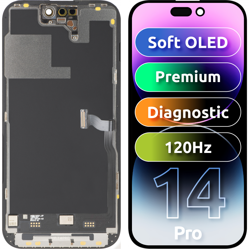 Display cu Touchscreen MP compatibil cu Apple iPhone 14 Pro, cu Rama, Versiune Premium Soft OLED FHD 120Hz Diagnostic, Negru
