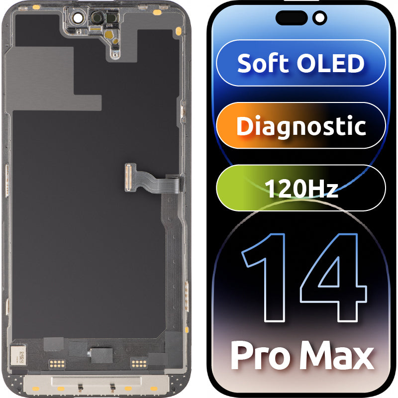 Display cu Touchscreen MP compatibil cu Apple iPhone 14 Pro Max, cu Rama, Versiune Soft OLED 120Hz FHD Diagnostic, Negru