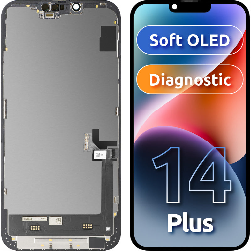 Display cu Touchscreen MP compatibil cu Apple iPhone 14 Plus, cu Rama, Versiune Soft OLED FHD Diagnostic, Negru