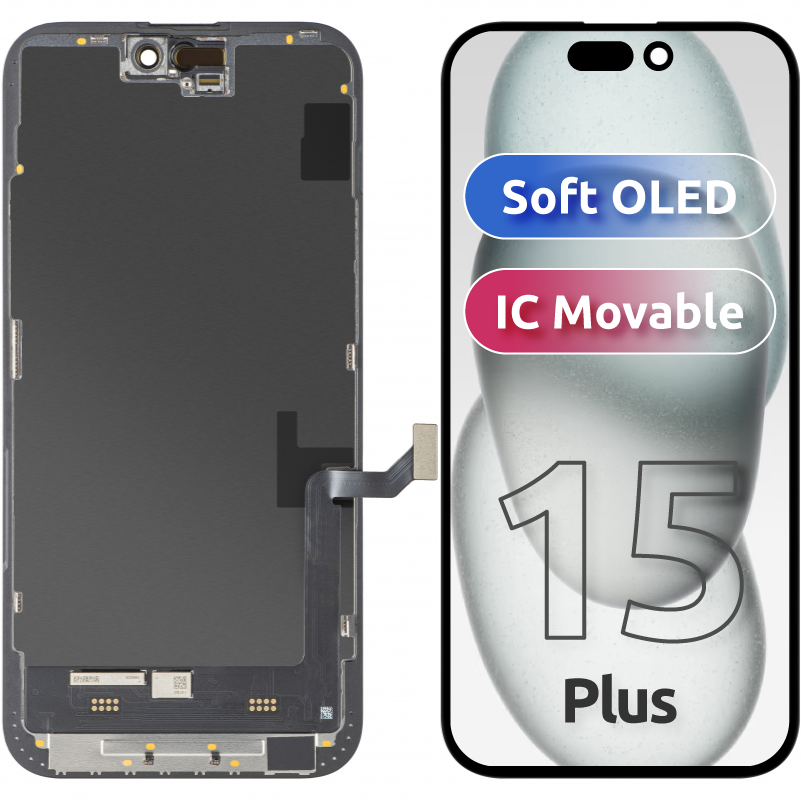 Display cu Touchscreen MP compatibil cu Apple iPhone 15 Plus, cu Rama, Versiune Soft OLED FHD IC Movable, Negru