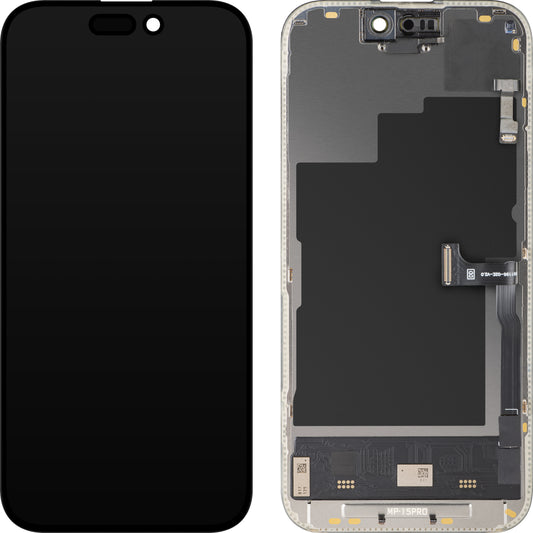 Display cu Touchscreen si Senzor Proximitate MP compatibil cu Apple iPhone 15 Pro, cu Rama, Versiune Soft OLED FHD 120Hz Diagnostic, Negru
