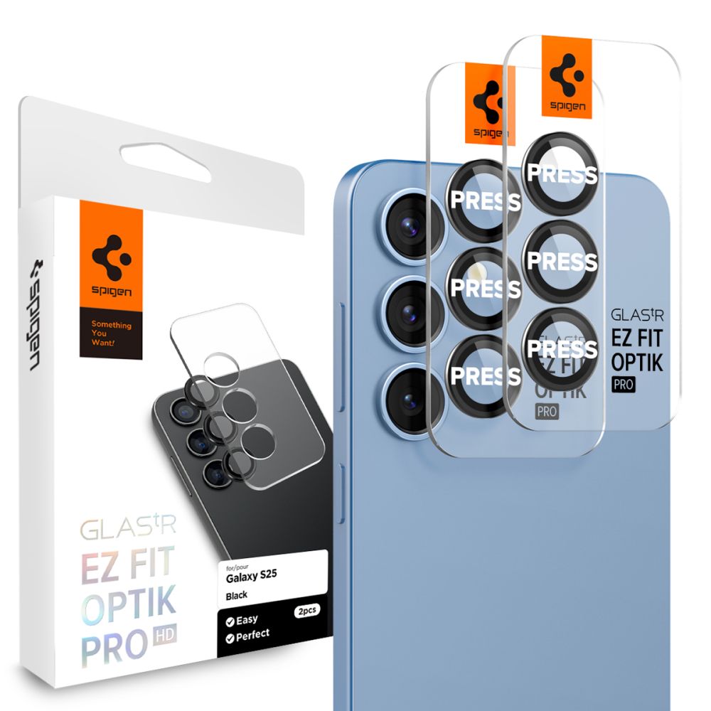 Folie de protectie Camera Spate Spigen GlastR EZ FIT Optik Pro HD pentru Samsung Galaxy S25+ S936, Sticla Securizata, Set 2 bucati, Neagra AGL09088