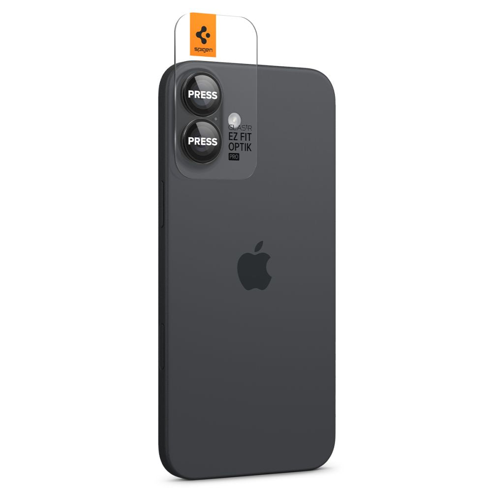 Folie de protectie Camera Spate Spigen GlastR EZ FIT Optik Pro pentru Apple iPhone 17 / 16 Plus / 16, Sticla Securizata, Set 2 bucati, Neagra AGL07921