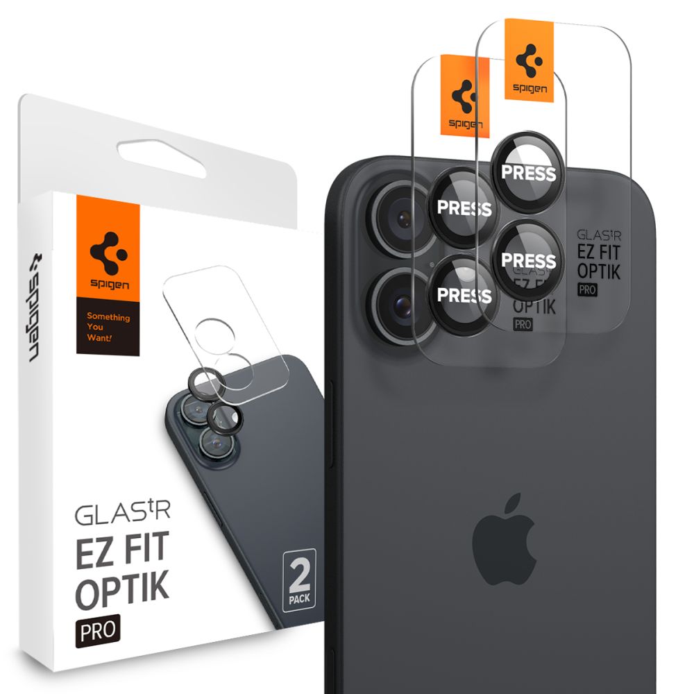 Folie de protectie Camera Spate Spigen GlastR EZ FIT Optik Pro pentru Apple iPhone 17 / 16 Plus / 16, Sticla Securizata, Set 2 bucati, Neagra AGL07921