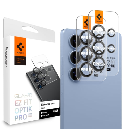 Folie de protectie Camera Spate Spigen GlastR EZ FIT Optik Pro HD pentru Samsung Galaxy S25 Ultra S938, Sticla Securizata, Set 2 bucati, Neagra