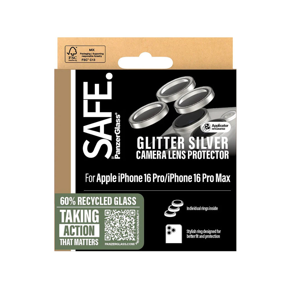 Folie de protectie Camera Spate PanzerGlass Safe. Glitter pentru Apple iPhone 16 Pro Max / 16 Pro, Sticla Securizata, Argintie