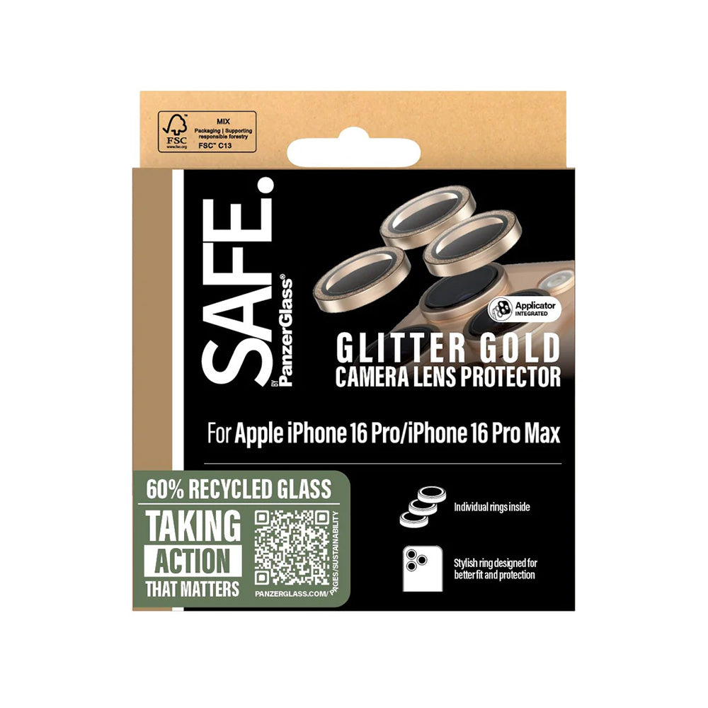 Folie de protectie Camera Spate PanzerGlass Safe. Glitter pentru Apple iPhone 16 Pro Max / 16 Pro, Sticla Securizata, Aurie