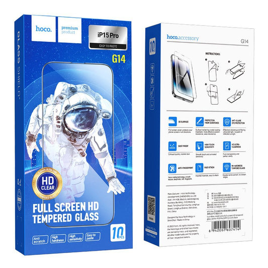 Folie de protectie Ecran HOCO G14 pentru Apple iPhone 15 Pro, Sticla Securizata, Full Glue, Set 10 bucati, 5D, Neagra
