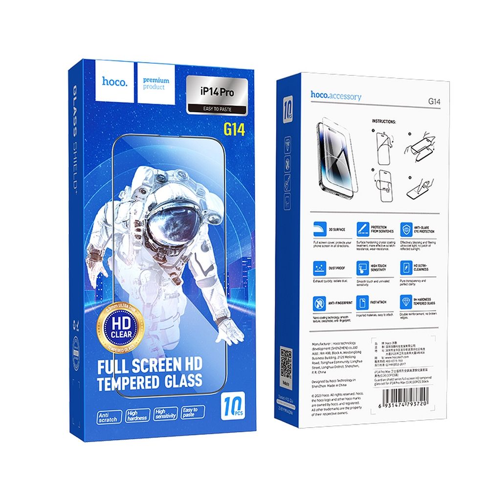 Folie de protectie Ecran HOCO pentru Apple iPhone 14 Pro, Sticla Securizata, Full Glue, Set 10 bucati, Neagra
