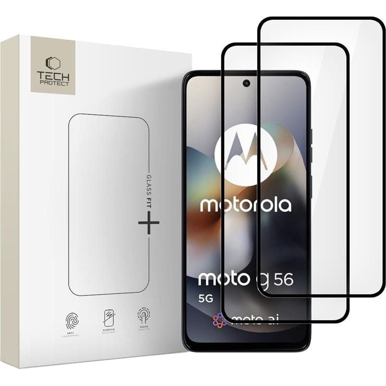 Folie de protectie Ecran Tech-Protect FIT+ pentru Motorola Moto G56, Sticla Securizata, Full Glue, Set 2 bucati, 2.5D, Neagra
