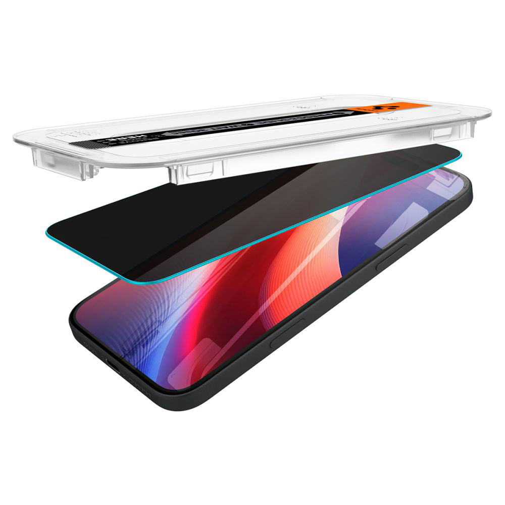 Folie de protectie Ecran Privacy Spigen GlastR EZ FIT pentru Apple iPhone 16 / 15, Sticla Securizata, Full Glue, Set 2 bucati AGL06905