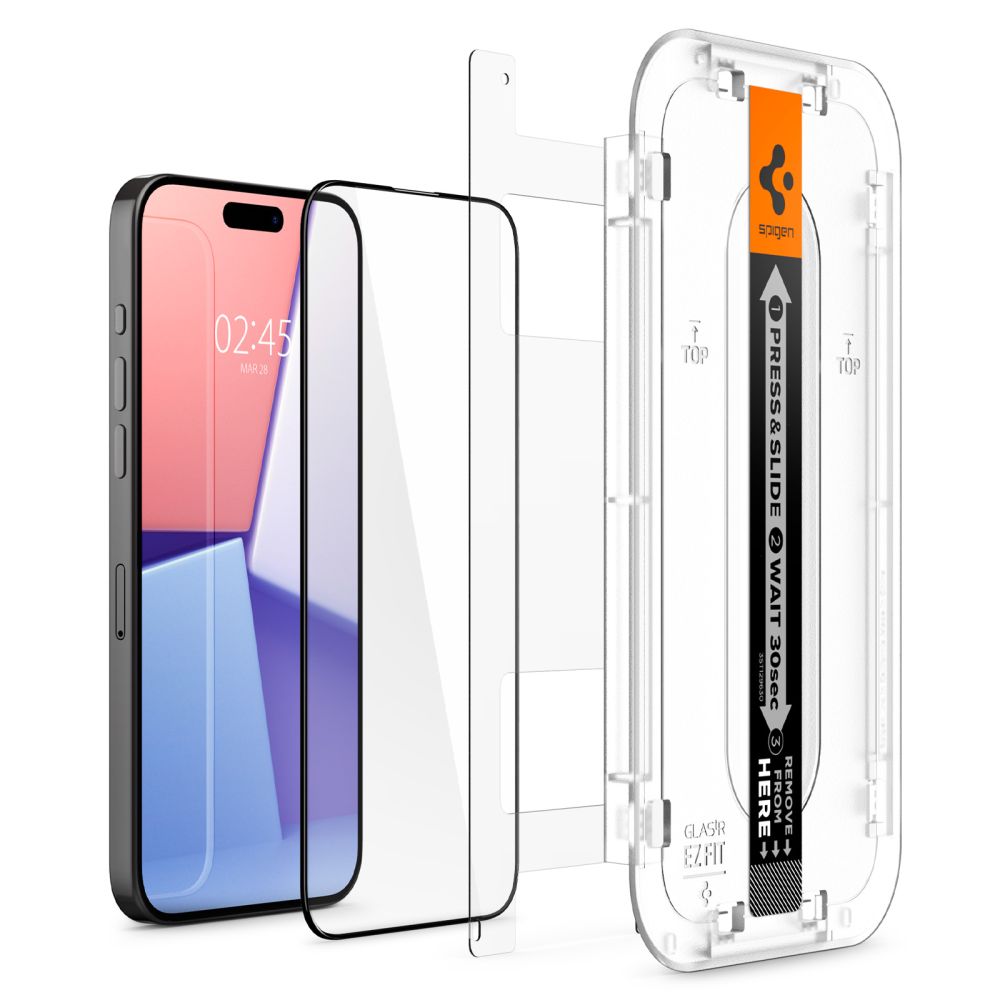 Folie de protectie Ecran Spigen GlastR EZ FIT HD pentru Apple iPhone 15, Sticla Securizata, Full Glue, 2.5D, Neagra AGL06908