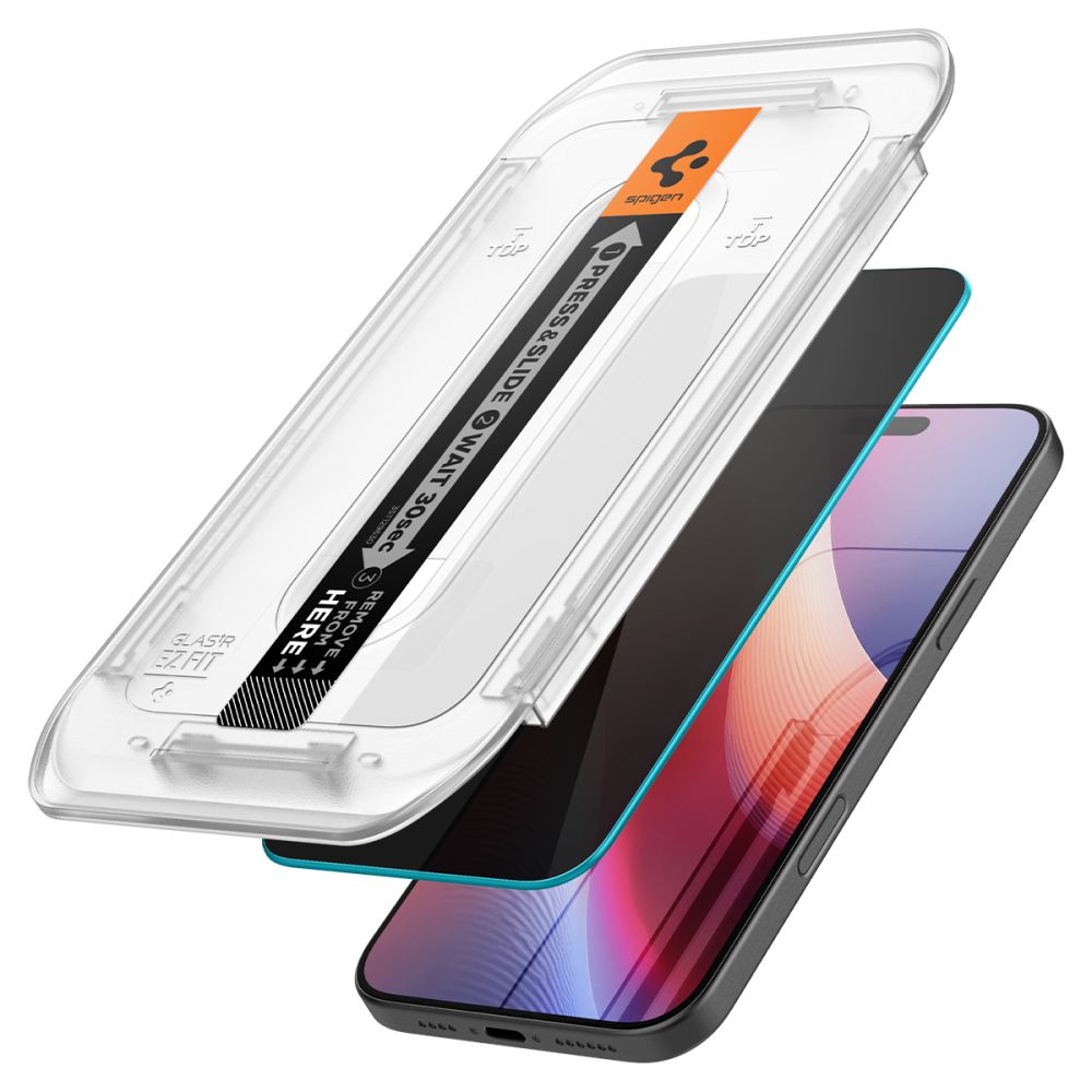 Folie de protectie Ecran Privacy Spigen GlastR EZ FIT pentru Apple iPhone 17 Pro Max / 16 Pro Max, Sticla Securizata, Full Glue, Set 2 bucati AGL07908