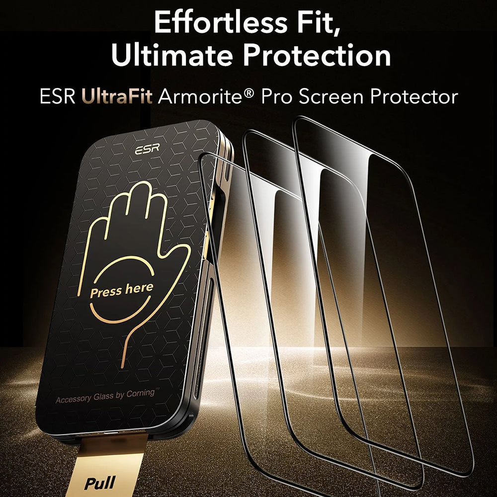 Folie de protectie Ecran ESR Corning UltraFit pentru Apple iPhone 17 / 16 Pro, Sticla Securizata, Full Glue, Set 3 bucati, Neagra