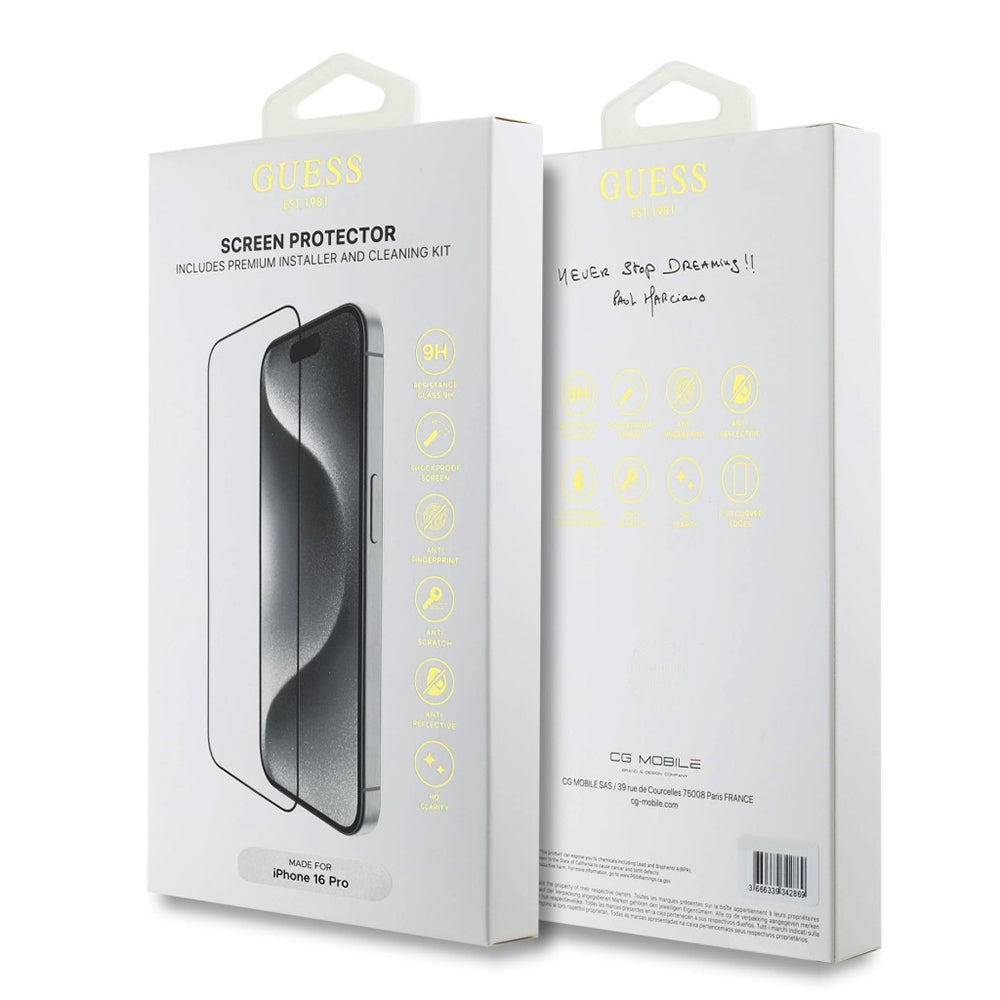 Folie de protectie Ecran Guess Classic Outline pentru Apple iPhone 16, Sticla Securizata, Full Glue, 2.5D, Neagra