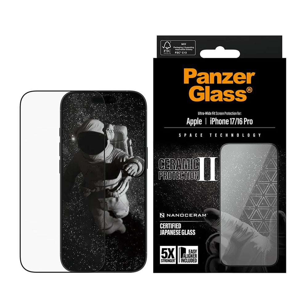 Folie de protectie Ecran PanzerGlass Ultra-Wide Ceramic II EasyAligner pentru Apple iPhone 17 / 16 Pro, Sticla Securizata, Full Glue, Neagra