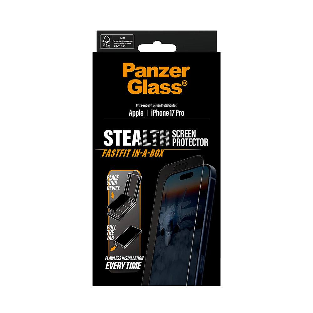 Folie de protectie Ecran PanzerGlass Ultra-Wide Fit Stealth Fastfit pentru Apple iPhone 17 Pro, Sticla Securizata, Full Glue, Neagra