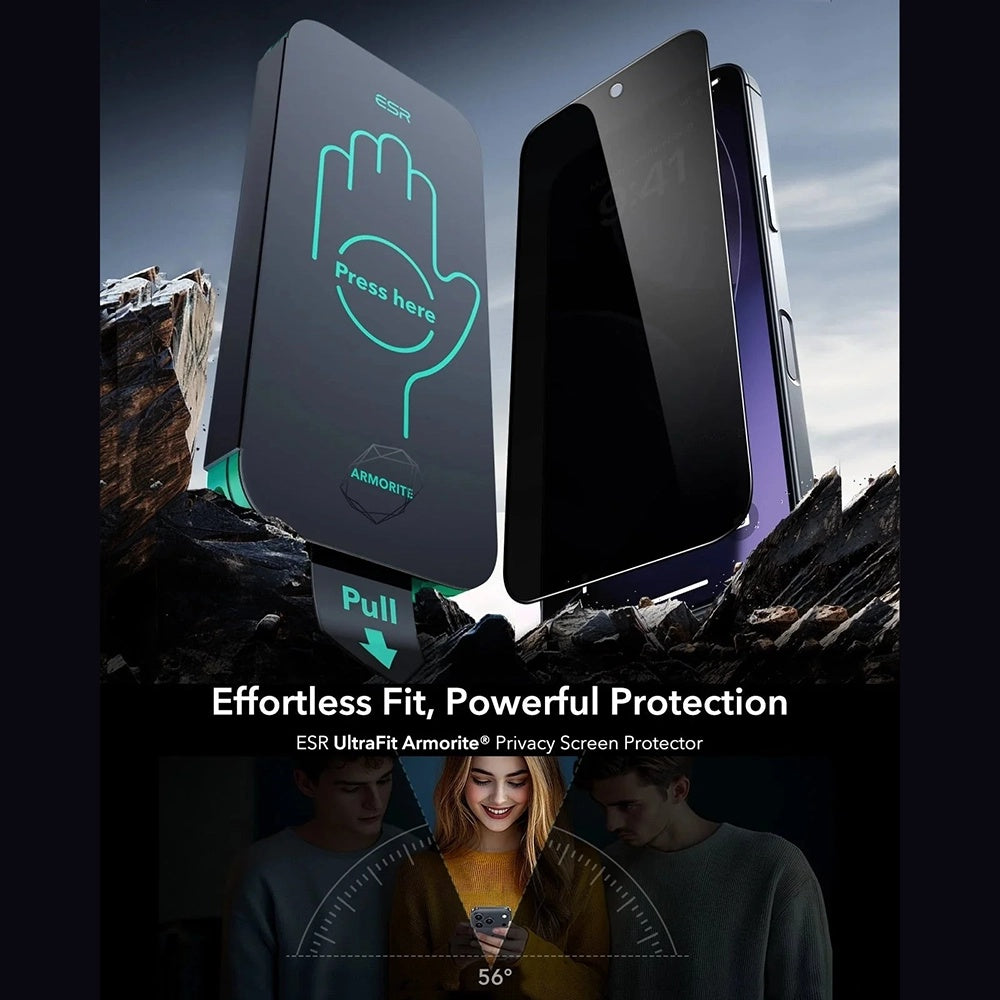 Folie de protectie Ecran Privacy ESR Armorite UltraFit pentru Apple iPhone 17 Pro, Sticla Securizata, Full Glue, Set 3 bucati