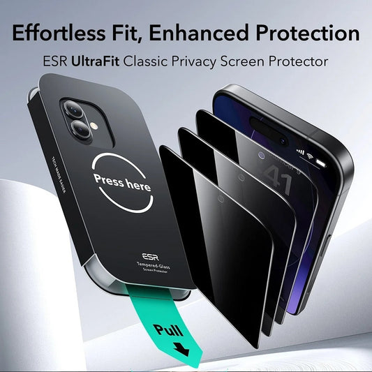 Folie de protectie Ecran Privacy ESR UltraFit pentru Apple iPhone 17 / 16 Pro, Sticla Securizata, Full Glue, Set 3 bucati