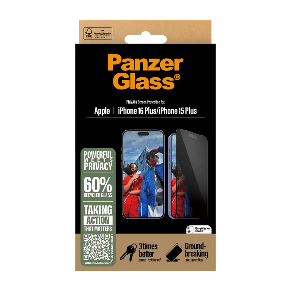 Folie de protectie Ecran Privacy PanzerGlass Ultra-Wide Fit EasyAligner pentru Apple iPhone 16 Plus / 15 Plus, Sticla Securizata, Full Glue