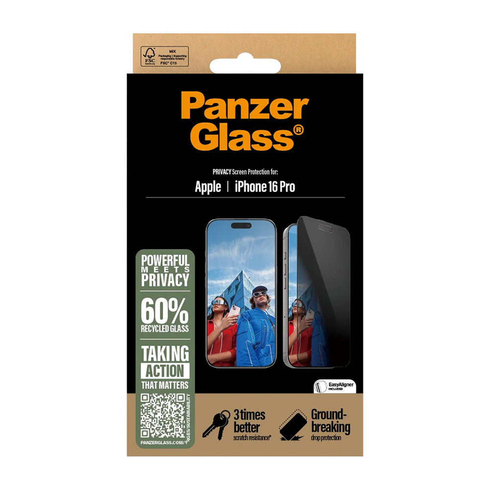 Folie de protectie Ecran Privacy PanzerGlass Ultra-Wide Fit EasyAligner pentru Apple iPhone 16 Pro, Sticla Securizata, Full Glue
