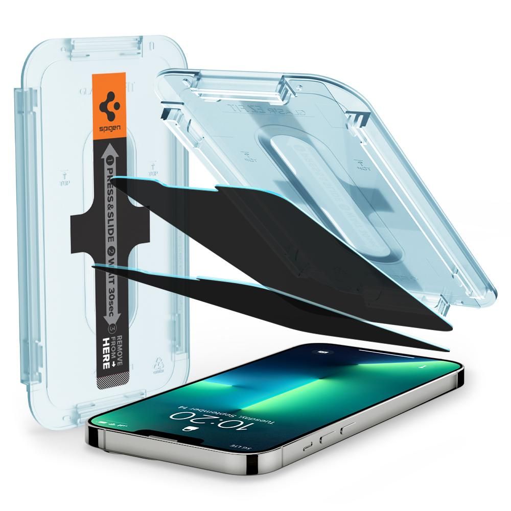 Folie de protectie Ecran Privacy Spigen GlastR EZ FIT pentru Apple iPhone 17e / 16e / 14 / 13 Pro, Sticla Securizata, Full Glue, Set 2 bucati AGL03388