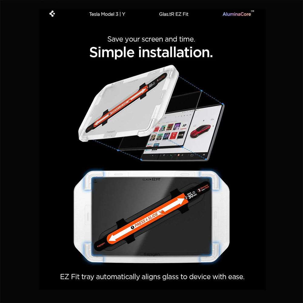 Folie Protectie Spigen GlastR EZ FIT pentru Navigatie Tesla Y (2026 / 2025) / 3 (2026 / 2025 / 2024), Sticla Securizata AGL10654