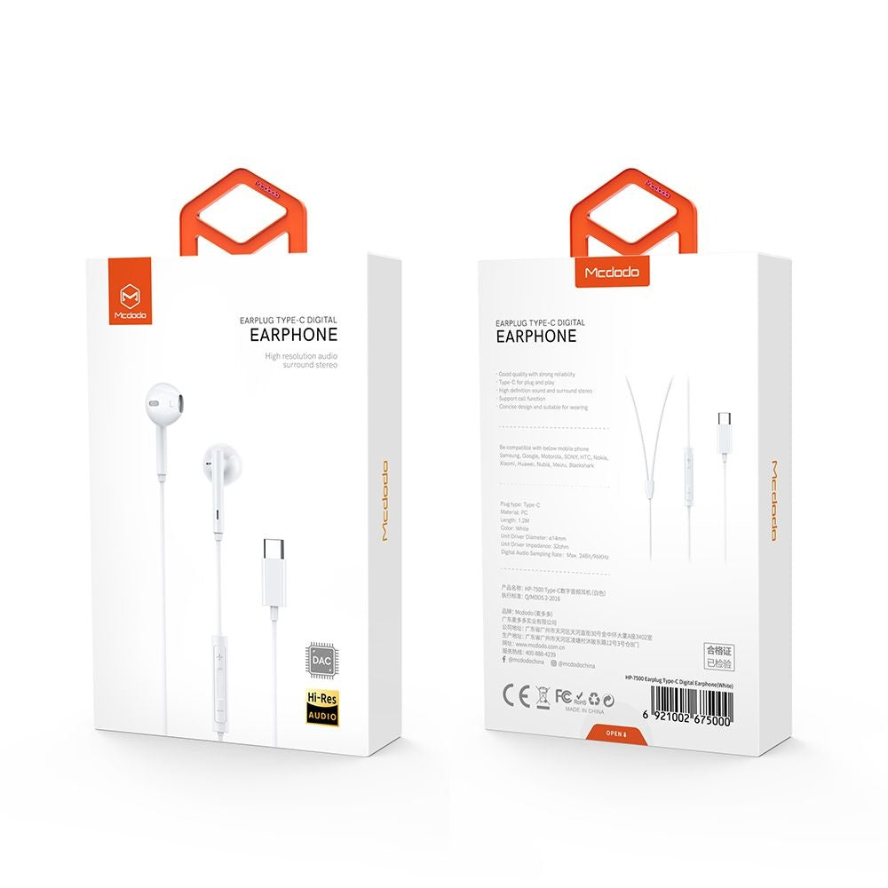 Handsfree USB-C McDodo HP-7500, Alb