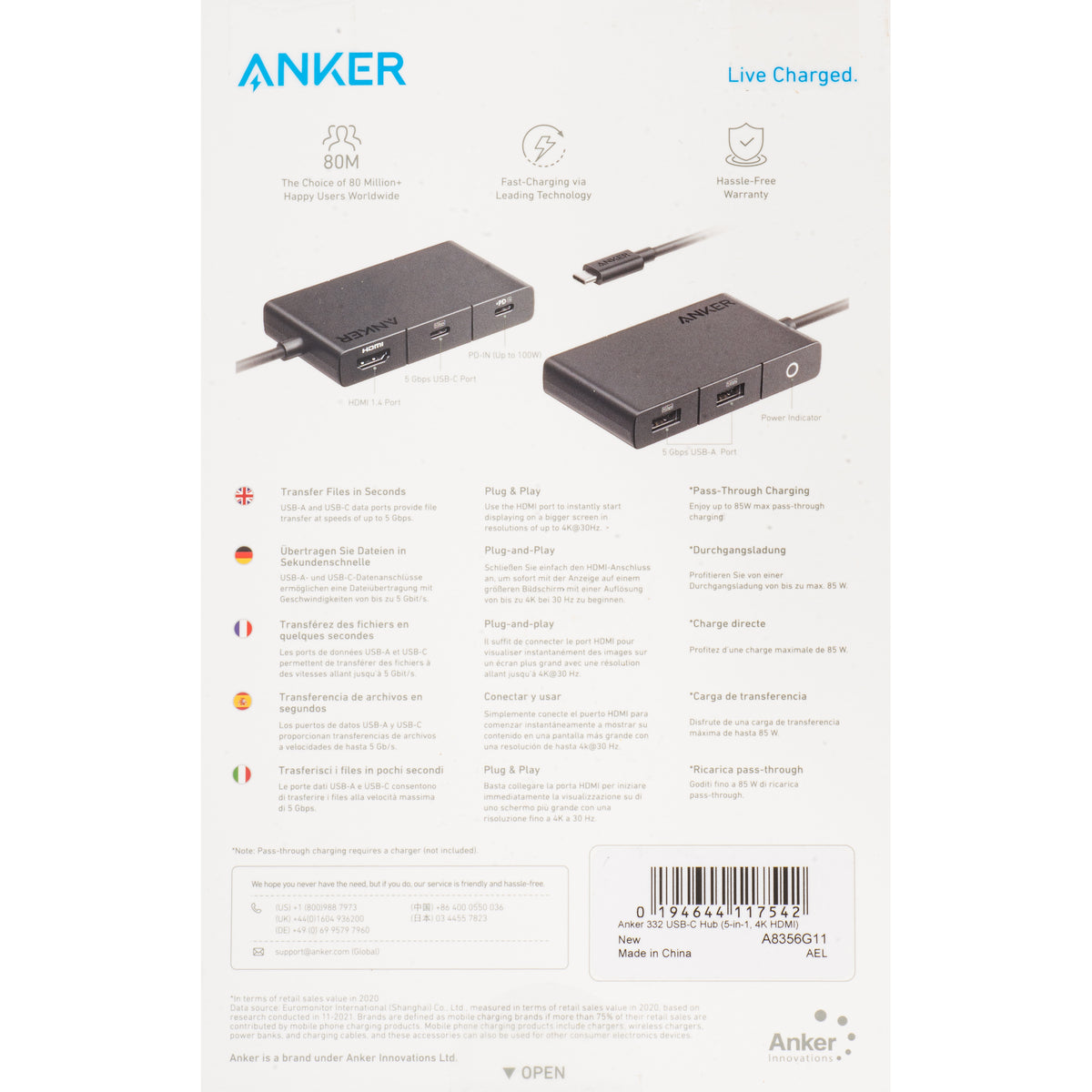 Hub USB-C Anker 332, 2 x USB-A - 2 x USB-C - 1 x HDMI, Negru A8356G11
