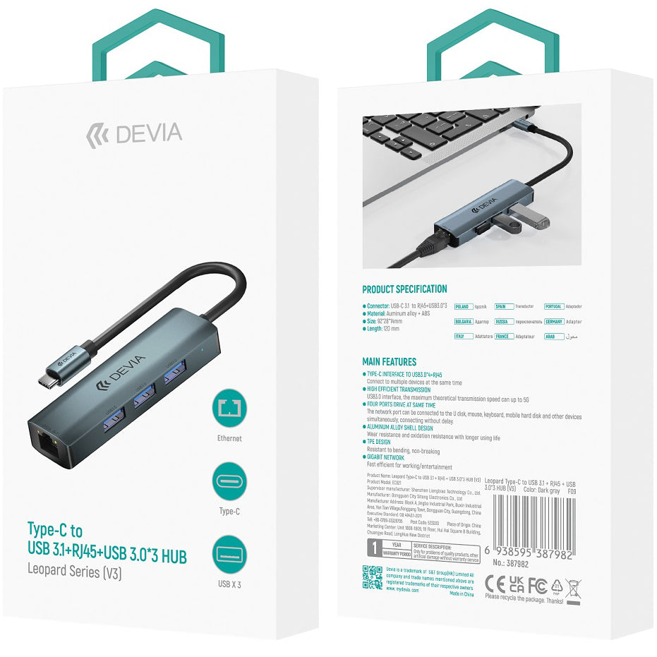 Hub USB-C DEVIA EC621, 3 x USB-A 3.0 - 1 x RJ45, Gri