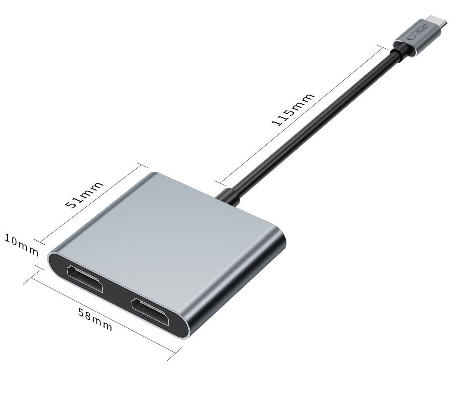 Hub USB-C Tech-Protect HB08, 1 x USB-A - 1 x USB-C - 2 x HDMI, Gri