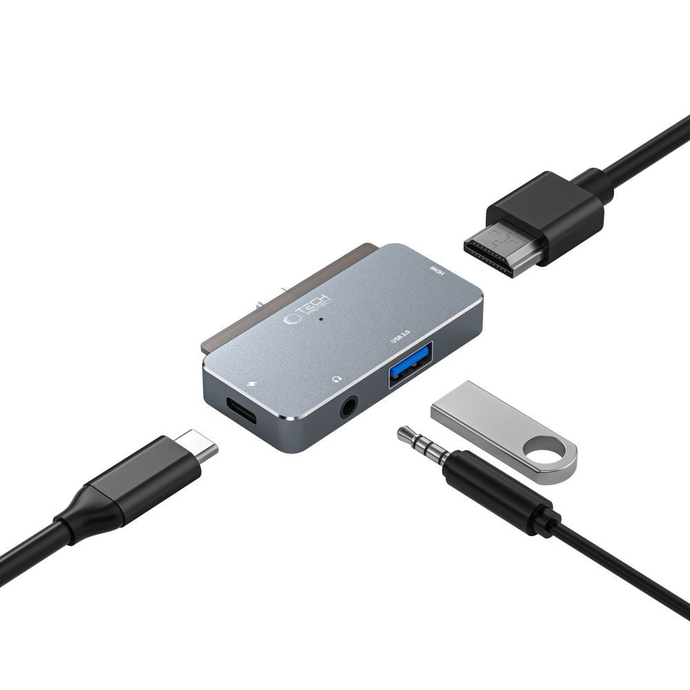 Hub USB-C Tech-Protect V6, 1 x USB-A - 1 x USB-C - 1 x HDMI - 1 x Jack 3.5mm, Gri