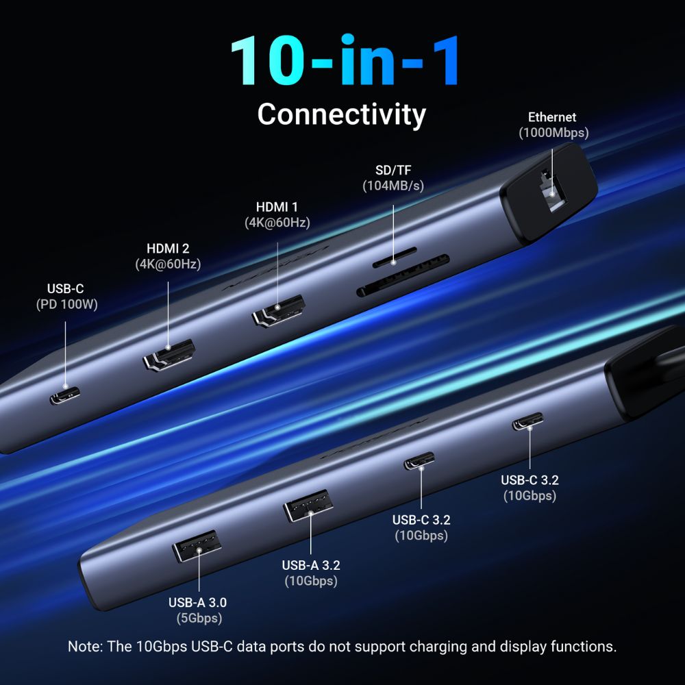 Hub USB-C UGREEN CM639 (45380), 2 x USB-A 3.2 - 3 x USB-C - 2 x HDMI - 1 x RJ45 - 1 x SD - 1 x microSD, Gri